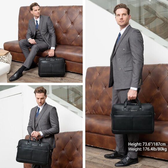 ⚡Men Black Fits 17.3 Inch Laptop Crossbody Bag Attached Leather Briefcase - Picture 6 of 9